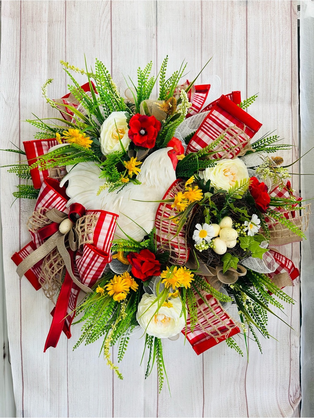 Handmade  Rooster Spring & Summer Wreath with Red Designer Ribbon Accents